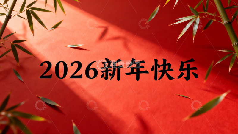 高清大图下载【趣麦麦图】红色背景竹叶新年祝福
