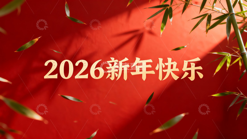 高清大图下载【趣麦麦图】红色背景竹叶新年祝福
