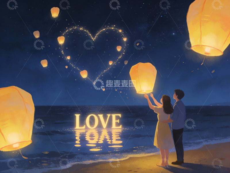 高清大图下载【趣麦麦图】情侣海滩放飞孔明灯