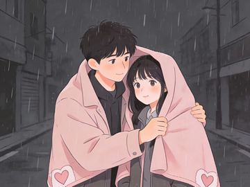 雨中相拥的青年情侣
