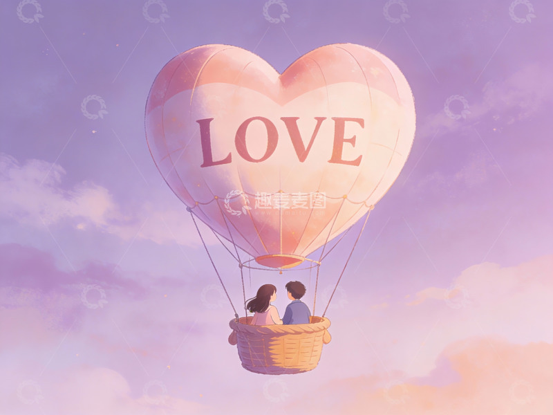 高清大图下载【趣麦麦图】情侣乘坐心形热气球飞翔