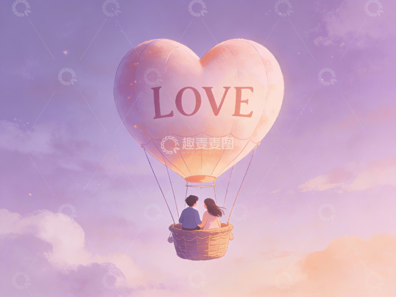 高清大图下载【趣麦麦图】情侣乘坐爱心热气球飞翔
