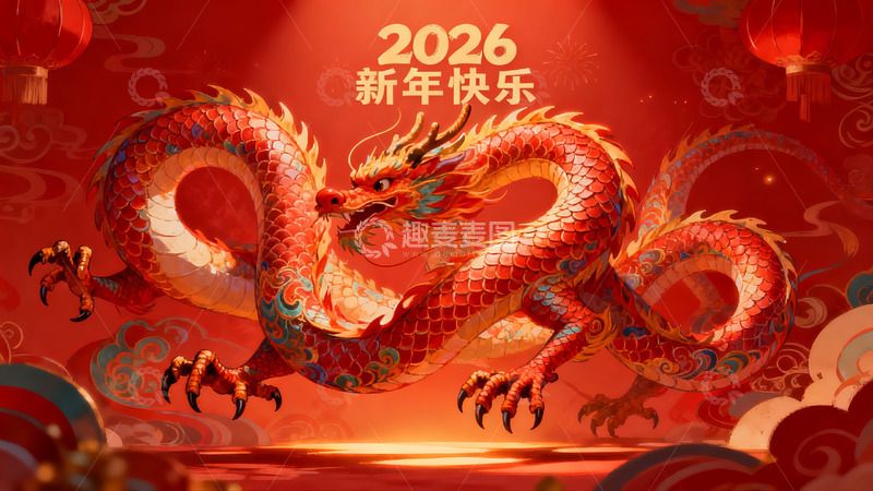 高清大图下载【趣麦麦图】红色巨龙新年祝福图