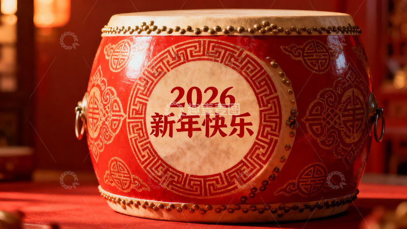 高清大图下载【趣麦麦图】红色鼓面新年祝福2026