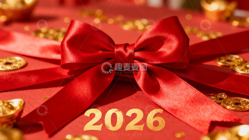 高清大图下载【趣麦麦图】红色蝴蝶结与金色钱币新年装饰