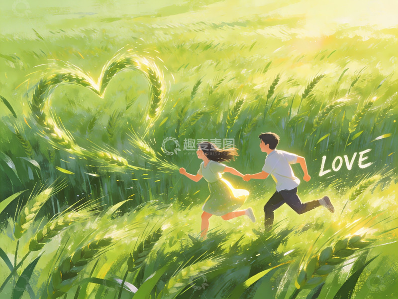 高清大图下载【趣麦麦图】情侣在麦田中奔跑