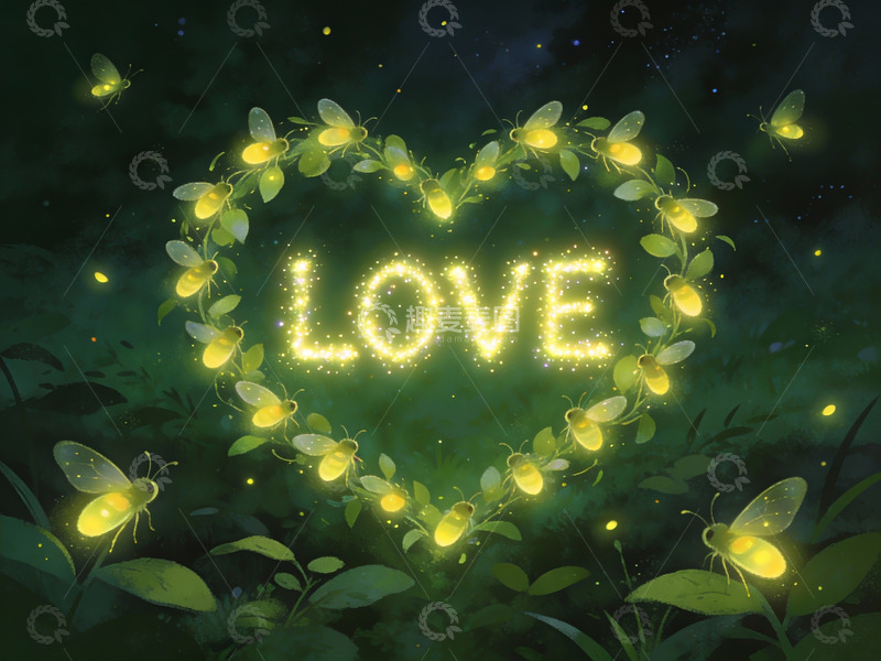 高清大图下载【趣麦麦图】萤火虫围成爱心发光
