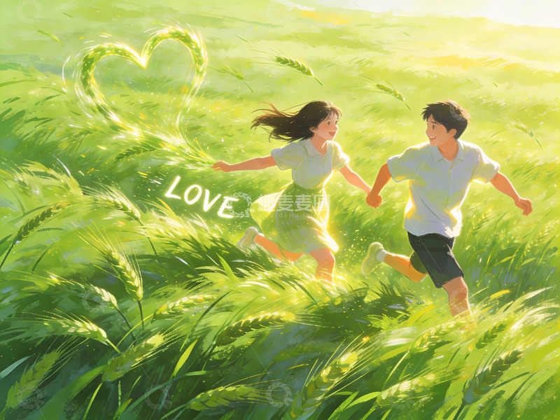 高清大图下载【趣麦麦图】情侣在麦田中奔跑