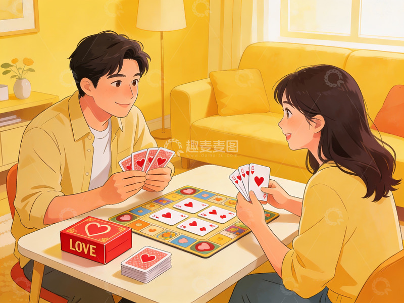 高清大图下载【趣麦麦图】情侣室内玩纸牌游戏