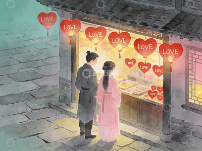 古风情侣赏灯夜市