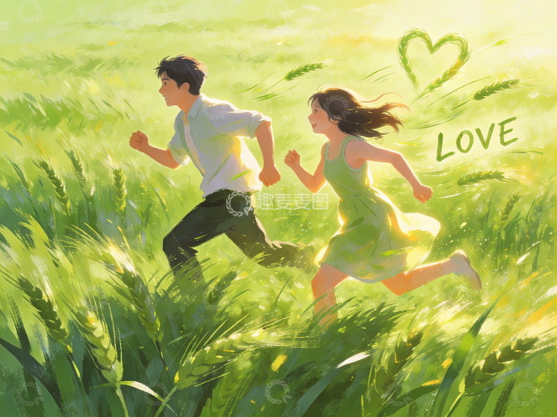 高清大图下载【趣麦麦图】情侣在麦田中奔跑