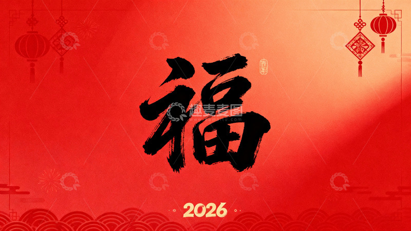高清大图下载【趣麦麦图】红色背景福字新年装饰图案