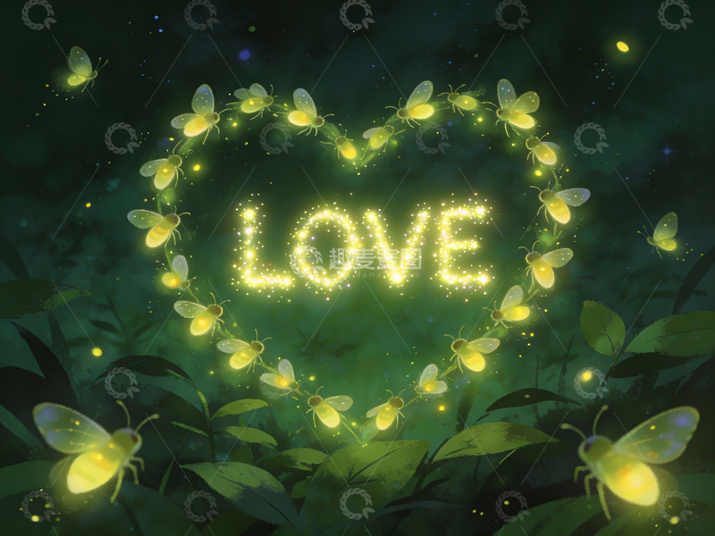 高清大图下载【趣麦麦图】萤火虫围成爱心发光