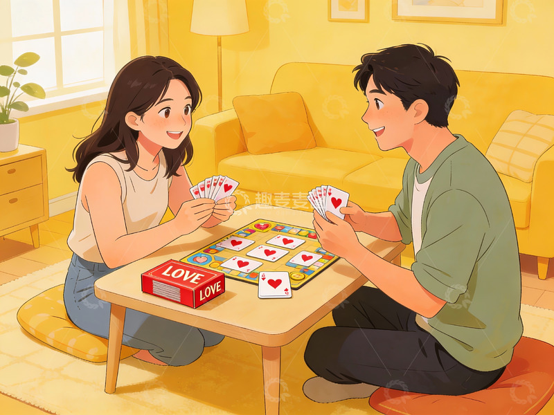 高清大图下载【趣麦麦图】情侣室内玩卡牌游戏