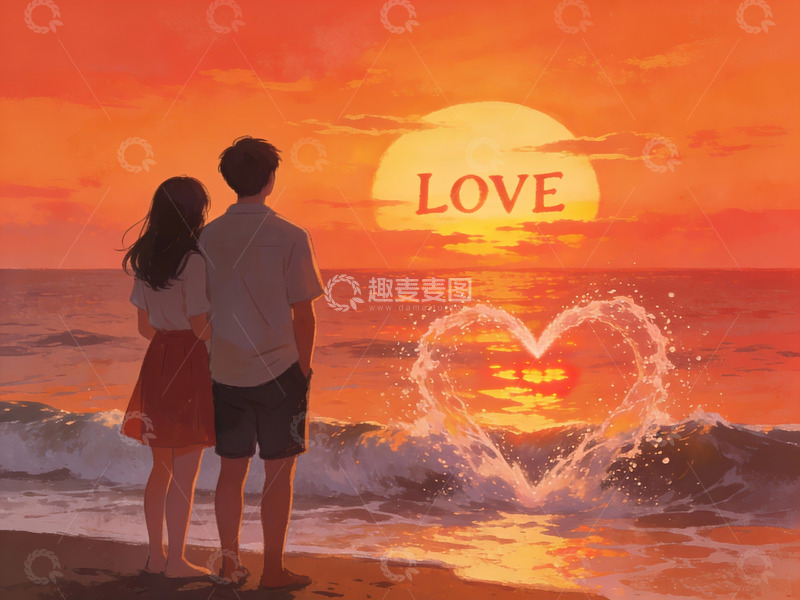 高清大图下载【趣麦麦图】情侣海边日落观景