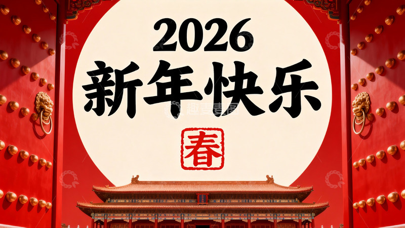 高清大图下载【趣麦麦图】2026新年快乐红色大门