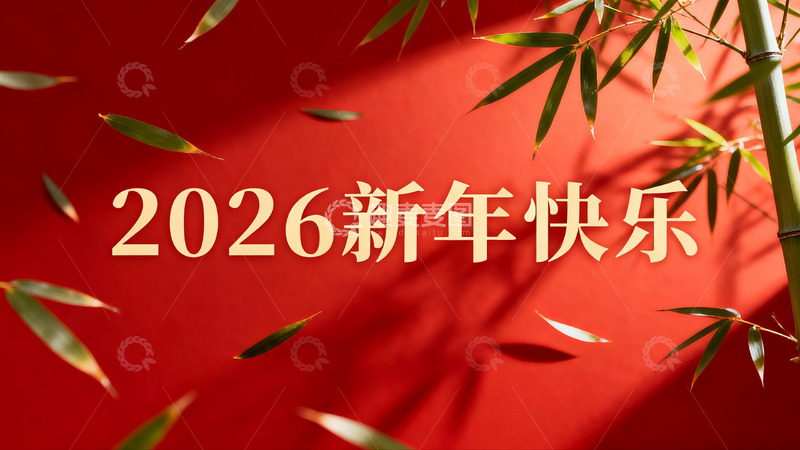 高清大图下载【趣麦麦图】红色背景竹叶新年祝福