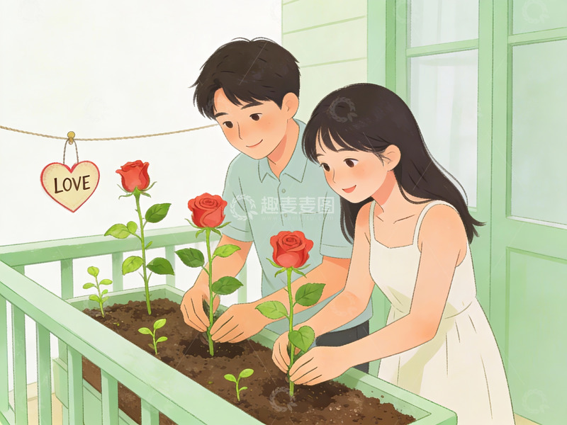 高清大图下载【趣麦麦图】情侣在阳台种植玫瑰
