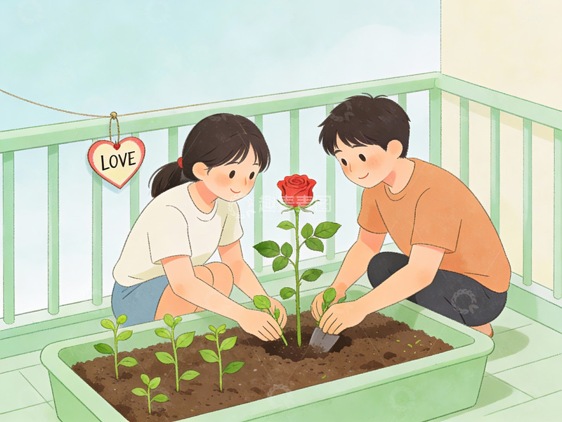 高清大图下载【趣麦麦图】情侣在阳台种植玫瑰