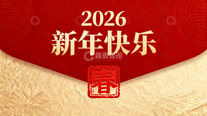 高清大图下载【趣麦麦图】2026新年快乐红色贺卡