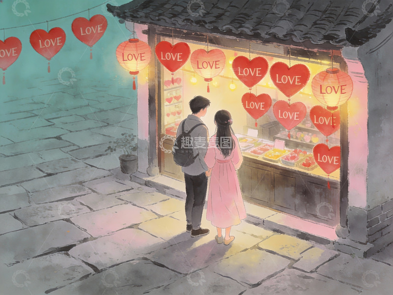 高清大图下载【趣麦麦图】情侣在灯饰店前驻足
