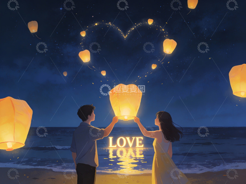 高清大图下载【趣麦麦图】情侣海边放飞孔明灯