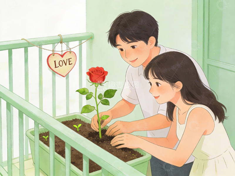 高清大图下载【趣麦麦图】情侣在阳台种植玫瑰