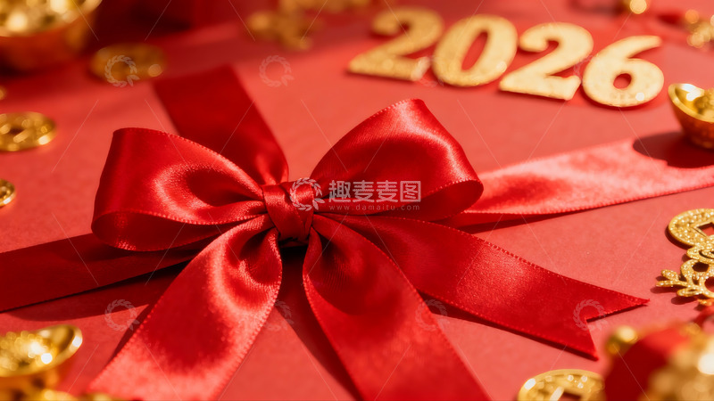 高清大图下载【趣麦麦图】红色丝带与金色数字2026
