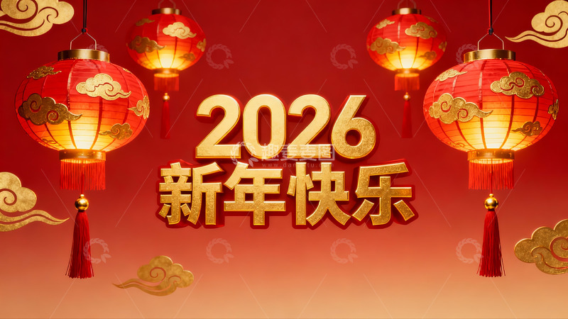 高清大图下载【趣麦麦图】2026新年快乐红色灯笼装饰