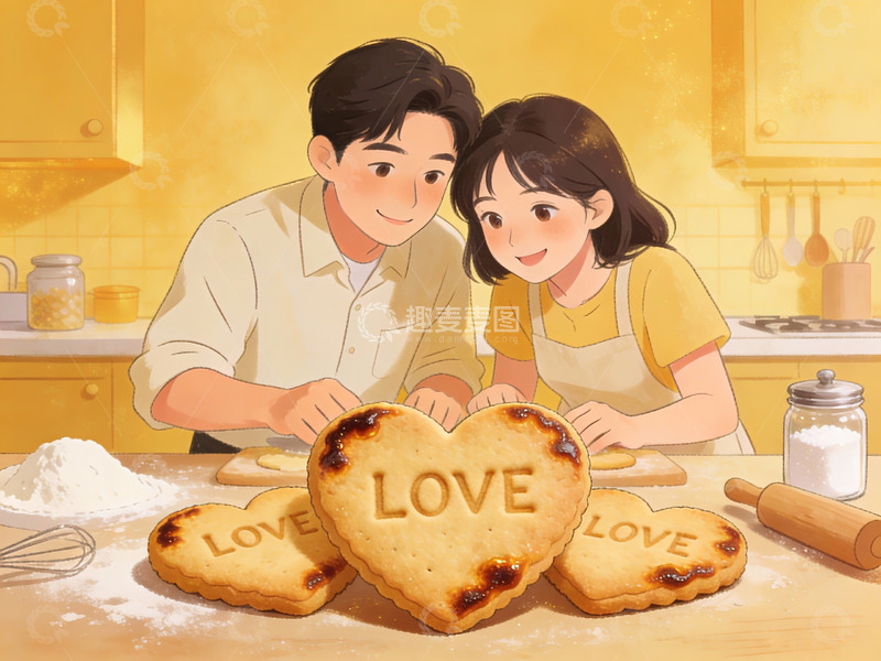 高清大图下载【趣麦麦图】情侣在厨房制作爱心饼干