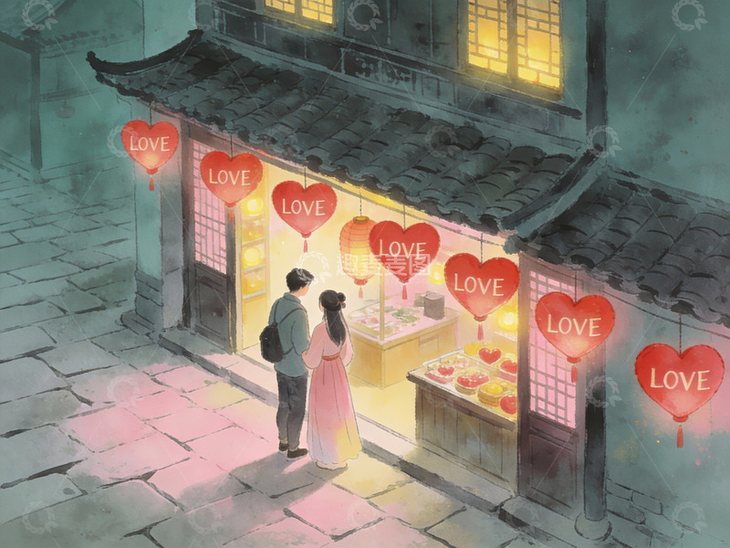 高清大图下载【趣麦麦图】情侣夜游古街灯饰店