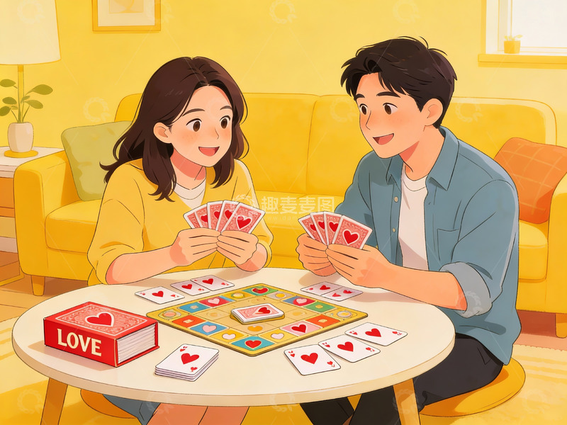 高清大图下载【趣麦麦图】情侣室内玩卡牌游戏