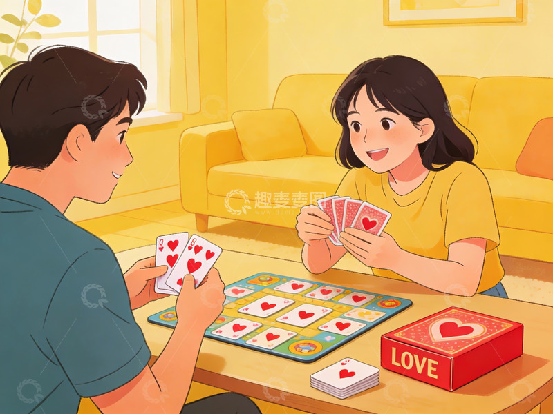 高清大图下载【趣麦麦图】情侣室内玩纸牌游戏