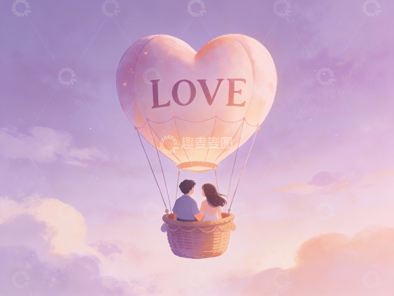 高清大图下载【趣麦麦图】情侣乘坐爱心热气球飞翔