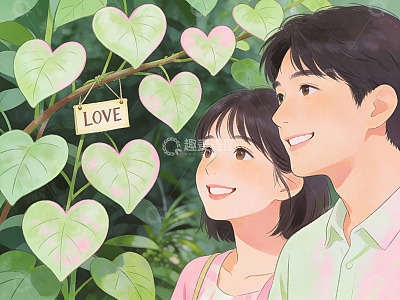 情侣在心形叶树下微笑