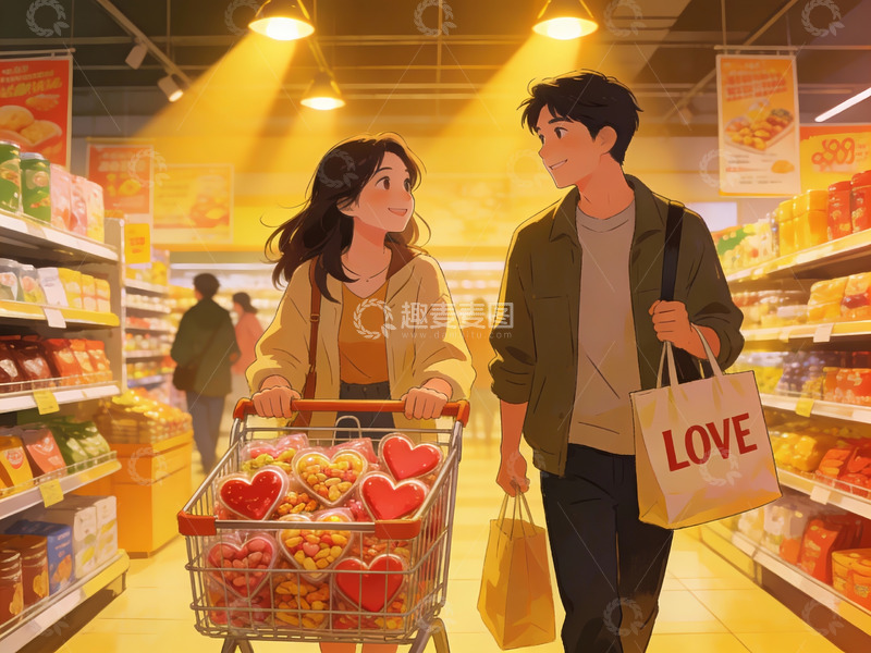 高清大图下载【趣麦麦图】超市购物情侣温馨场景