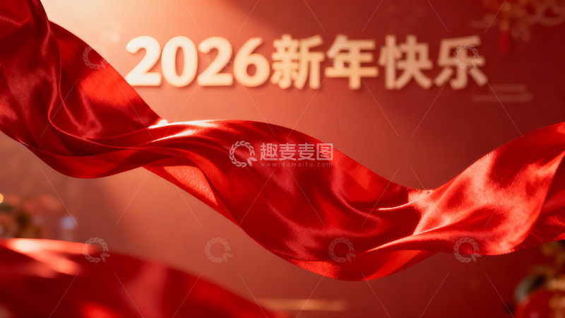 高清大图下载【趣麦麦图】红色绸带飘扬新年快乐