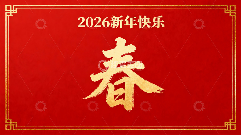 高清大图下载【趣麦麦图】红色背景金色春字新年祝福图