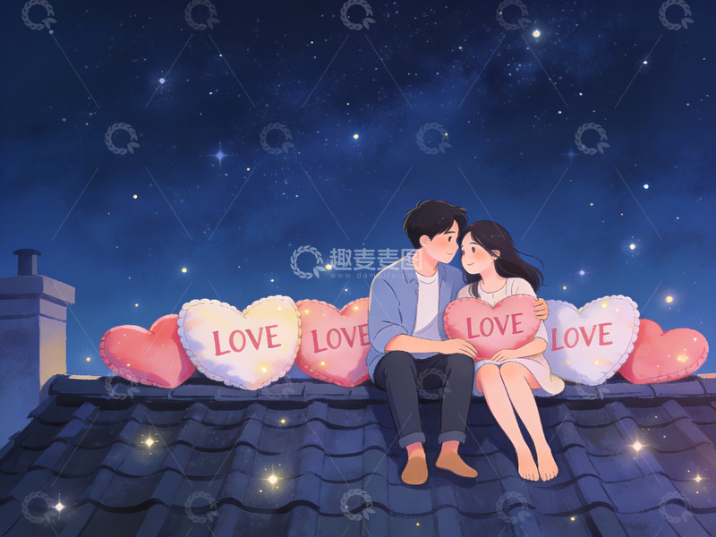 高清大图下载【趣麦麦图】情侣屋顶星空下依偎