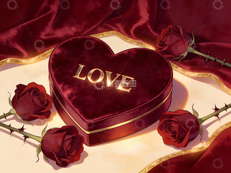 高清大图下载【趣麦麦图】心形礼盒与红玫瑰的浪漫场景