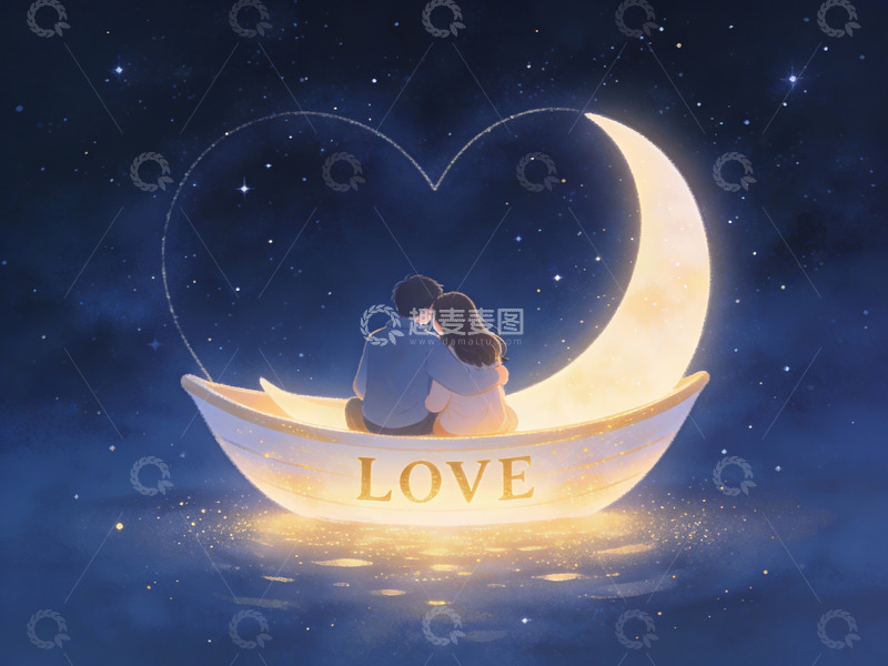 高清大图下载【趣麦麦图】情侣月下共坐心形月亮船