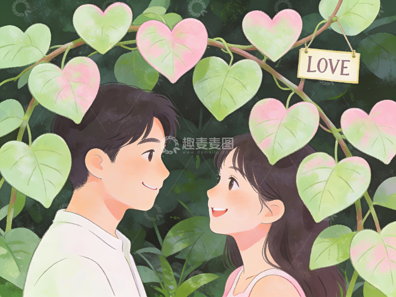 高清大图下载【趣麦麦图】情侣在心形叶藤下相视微笑