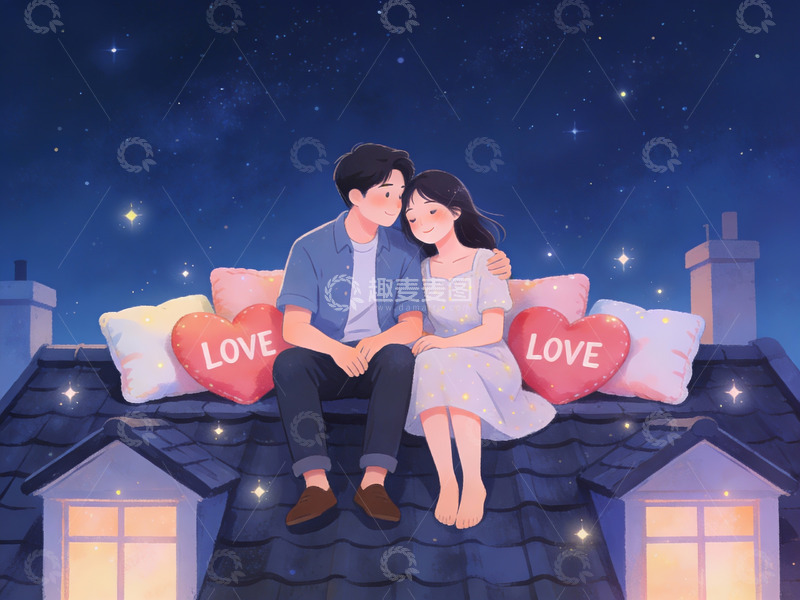高清大图下载【趣麦麦图】情侣屋顶夜景共赏星空