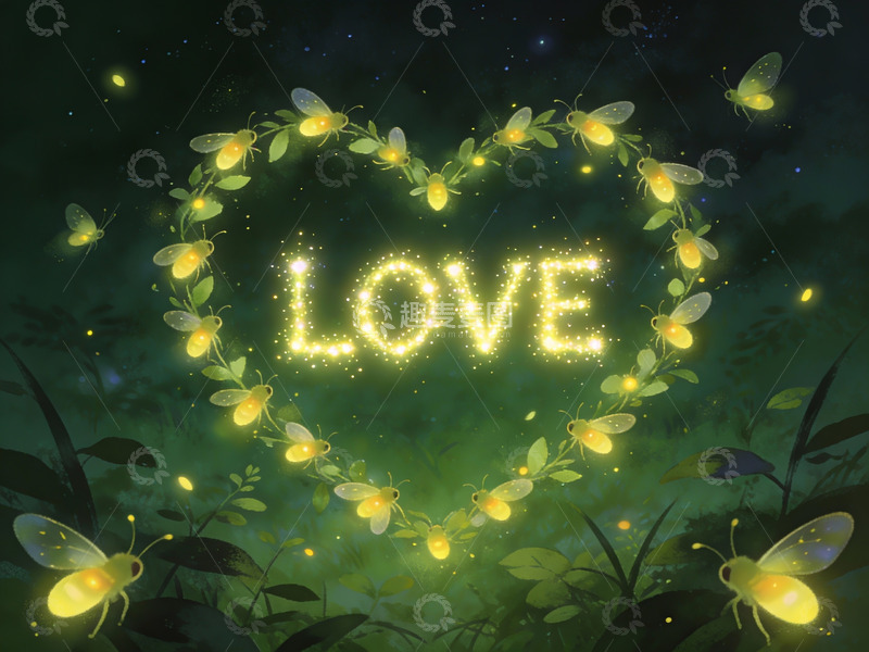高清大图下载【趣麦麦图】萤火虫围成爱心形发光