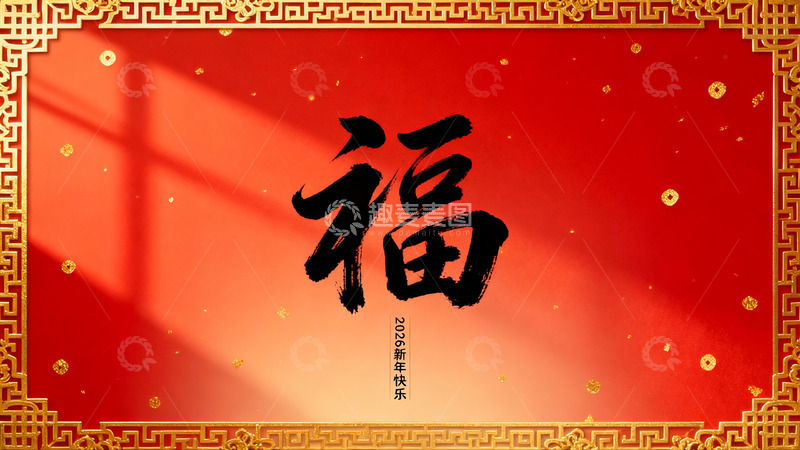 高清大图下载【趣麦麦图】红色背景金色边框新年祝福图