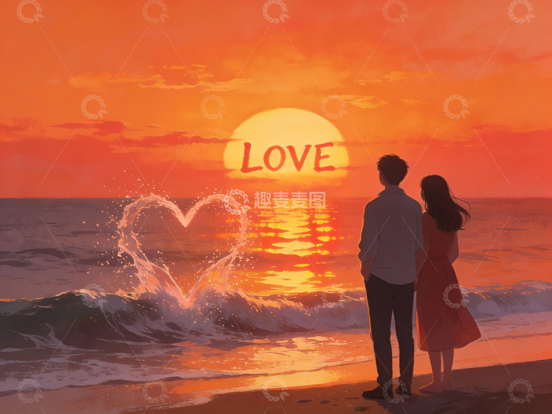 高清大图下载【趣麦麦图】情侣海边日落观景