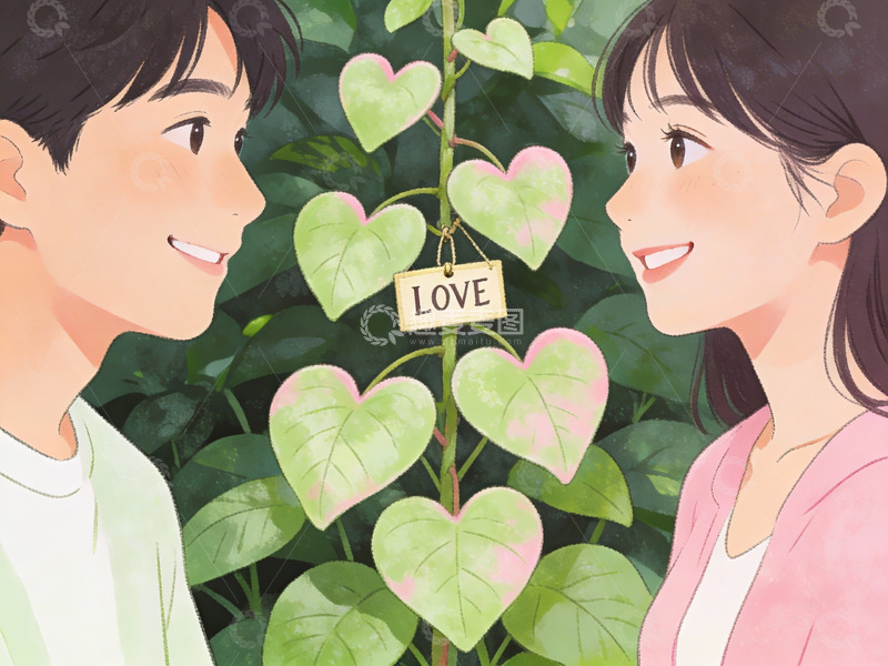 高清大图下载【趣麦麦图】情侣在心形叶植物前微笑