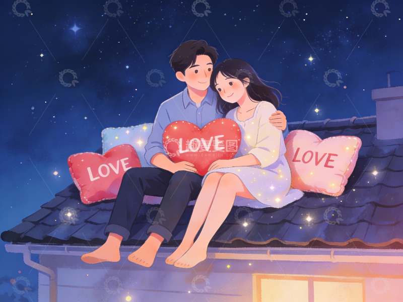 高清大图下载【趣麦麦图】情侣屋顶共度浪漫夜