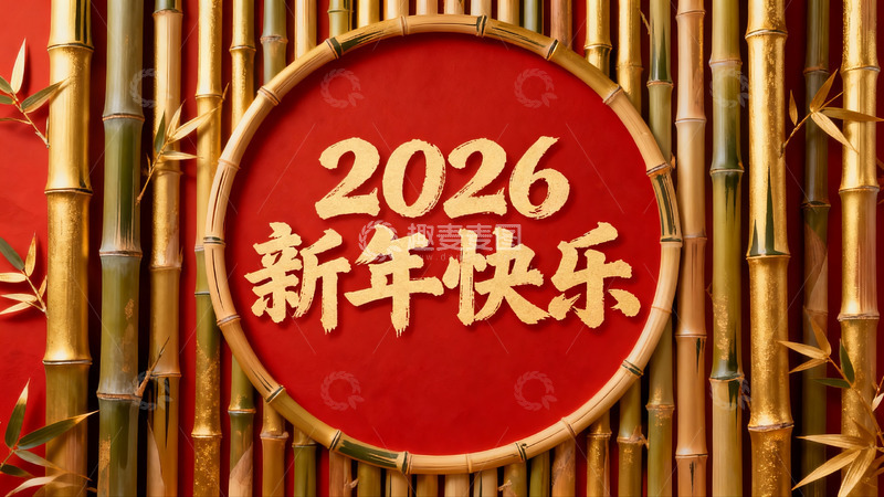 高清大图下载【趣麦麦图】竹节环绕新年快乐图案