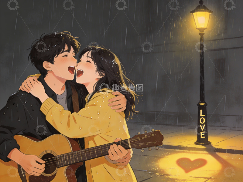 高清大图下载【趣麦麦图】雨夜吉他情侣拥吻